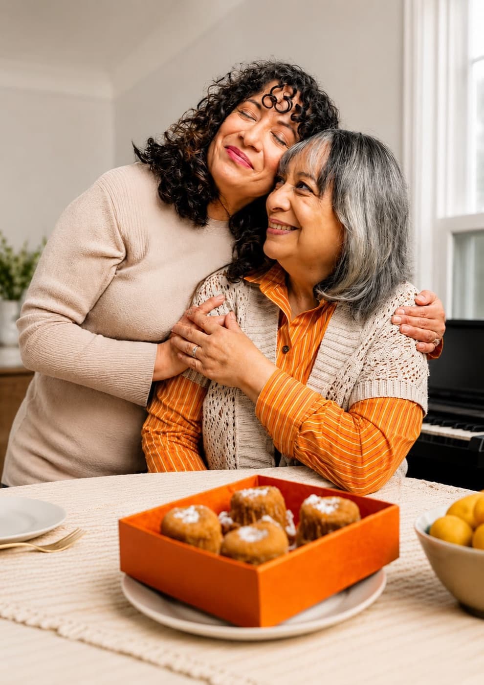 Two women embracing over a box of Sweet Things